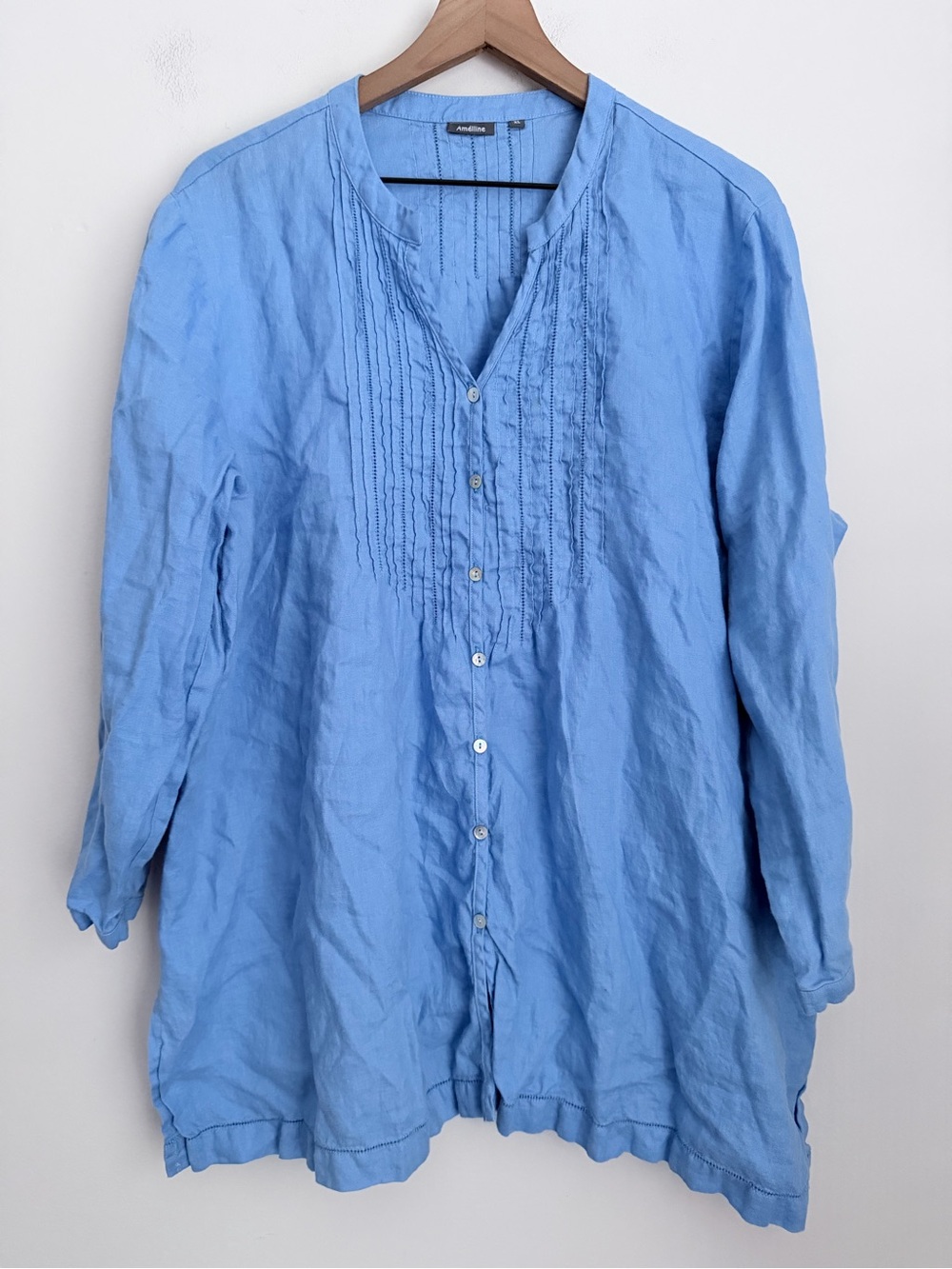 Amelline 100% Linen Blue 3/4 Sleeve Tunic top pintuck button front XL
